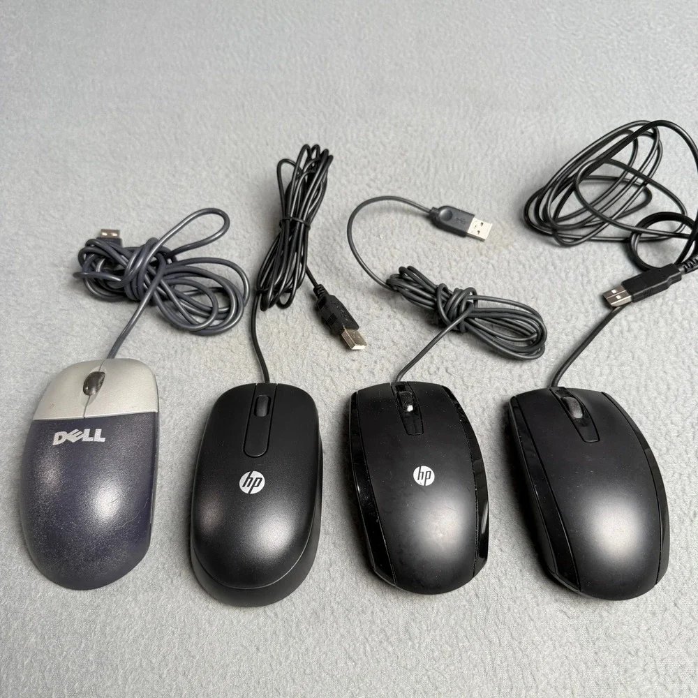 Lot of 4 HP and Dell Wired USB Computer Mice Black Silver Optical Laser Mixed
